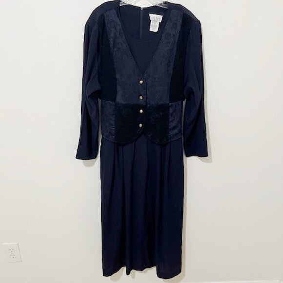 Vintage Lady Dorby Maxi Dress & Attached Vest Navy Blue Modest Cottagecore 24W - Picture 1 of 6